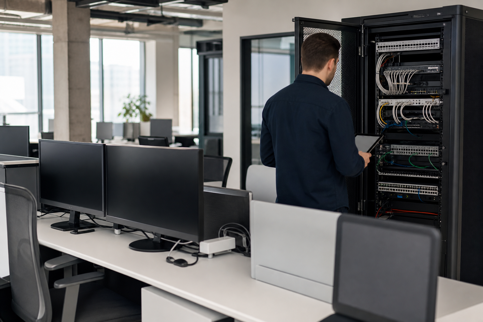 Technik sprawdzający instalacje IT przed uruchomieniem stanowisk w biurze