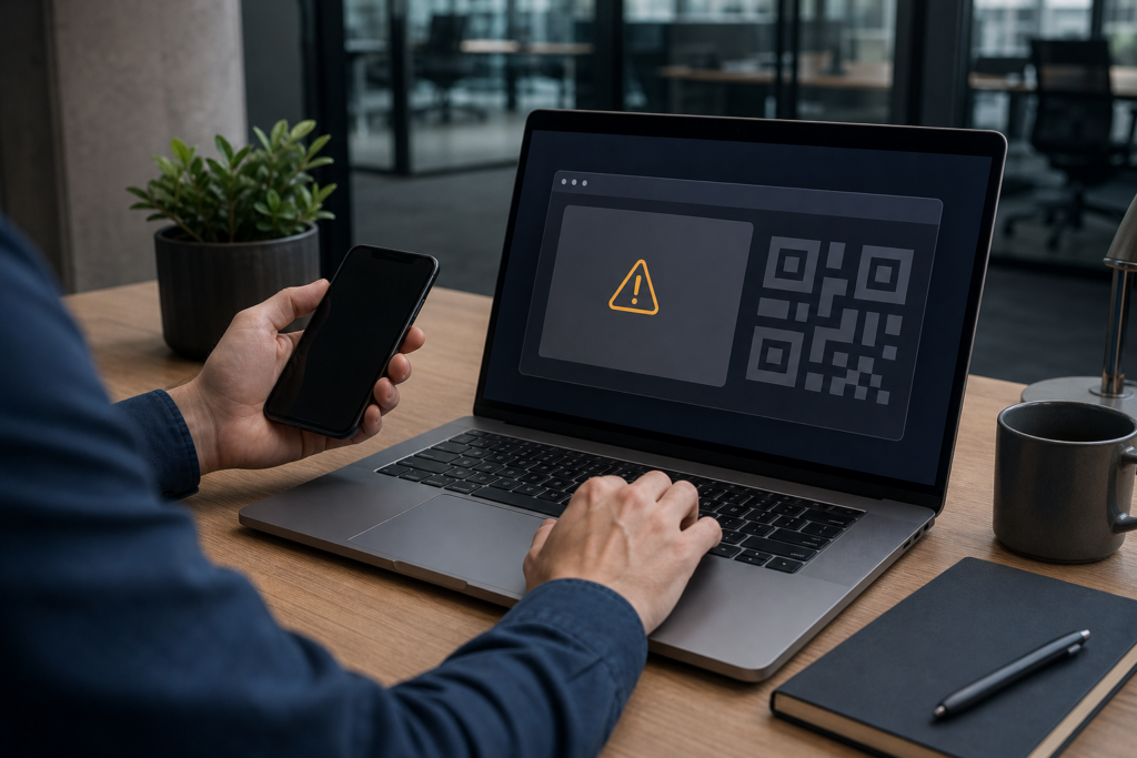 Wsparcie informatyczne dla firm: laptop z podejrzanym oknem i wzorem kodu QR oraz skierowany na ekran smartfon