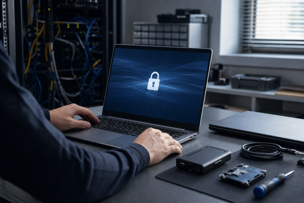 Laptop z zablokowanym dostępem do zaszyfrowanego dysku przygotowany do kontroli w ramach opieki IT